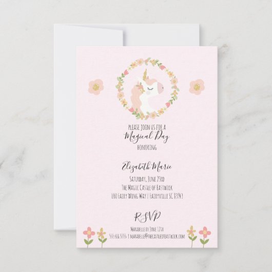 Roze Unicorn Birthday Party Kaart (Voorkant)