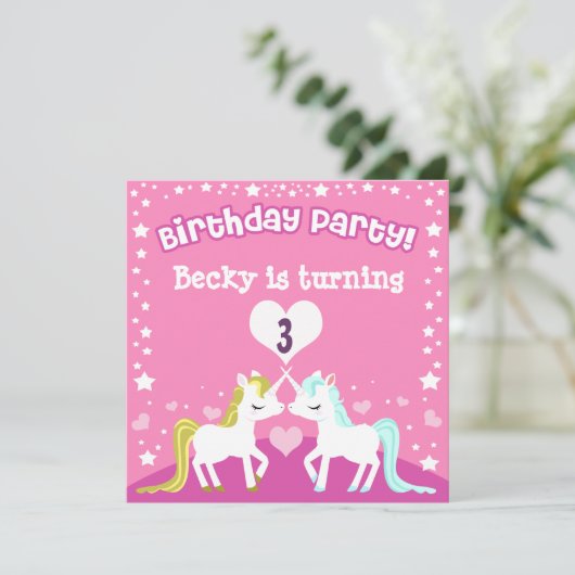Roze Unicorn Birthday Uitnodiging (Staand voorkant)