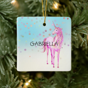Roze Unicorn Confetti Persoonlijke naam Keramisch Ornament