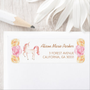 Roze Unicorn Floral Baby shower Return Address Etiket