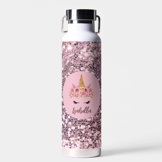 Roze Unicorn Floral Glitter Monogram Waterfles (Voorkant)