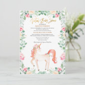 Roze Unicorn Floral Greenery Virtual Baby shower Kaart (Staand voorkant)