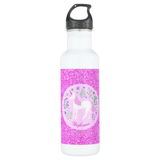 Roze Unicorn Glitter Speciaal Waterfles (Voorkant)