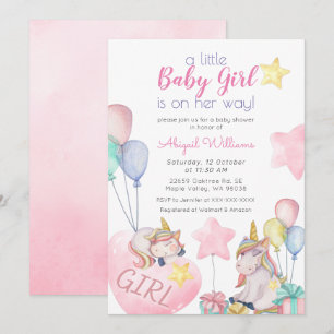 Roze Unicorn, Gold Star, ballonmeisje Baby shower Kaart