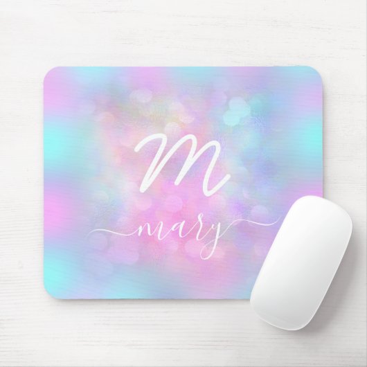 Roze Unicorn Holograaf Naam Modern Monogram White Muismat (Met muis)