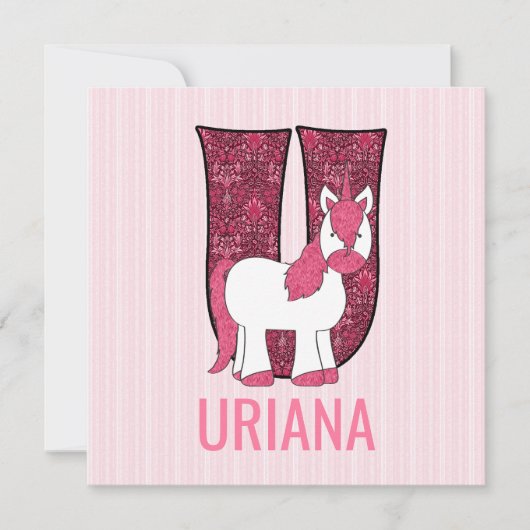 Roze Unicorn Letter U Kinderen Birthday Partij Kaart (Voorkant)