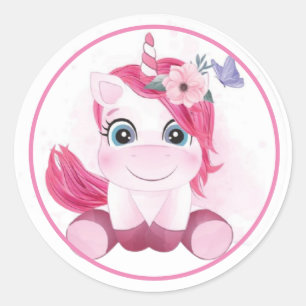 Roze Unicorn met bloemen en vlinder Ronde Sticker