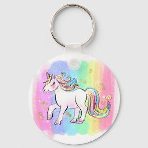 roze unicorn op regenboogachtergrond sleutelhanger