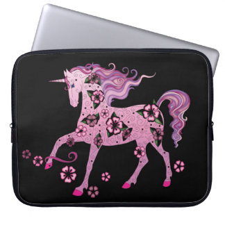 Roze Unicorn op zwart Laptop Sleeve