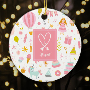 Roze Unicorn Party Pattern Monogram Girl Kerstmis Keramisch Ornament