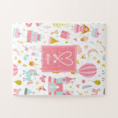Roze Unicorn Party Pattern Monogrammed Girl Kinder Legpuzzel (Horizontaal)
