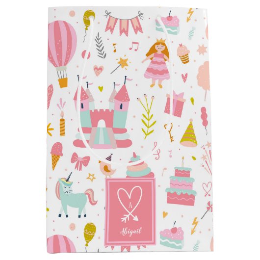 Roze Unicorn Party Pattern Monogrammed Girl Kinder Medium Cadeauzakje (Voorkant)