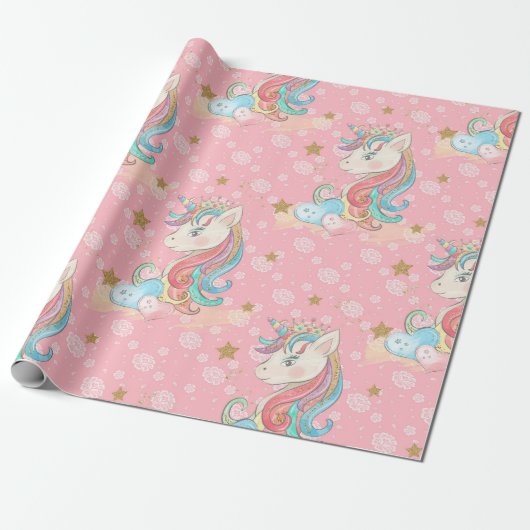 Roze Unicorn Pattern Cadeaupapier (Uitgerold)