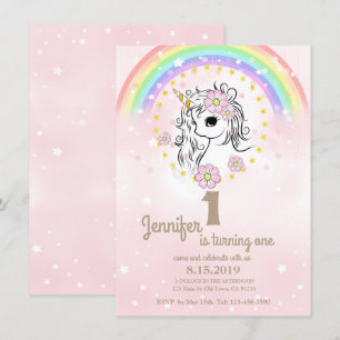 Roze Unicorn RainBow Girl 1st Birthday Kaarten