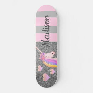 Roze Unicorn Silver Glitter Girls gepersonaliseerd Skateboard