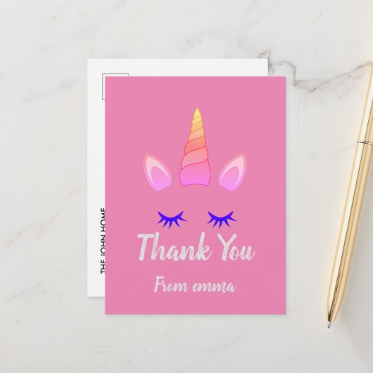 Roze Unicorn Theme Birthday Briefkaart (Voorkant / Achterkant in situ)