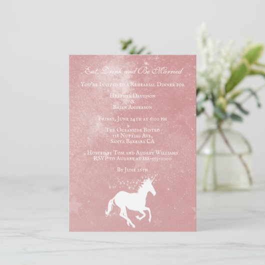 Roze Unicorn Wedding Rehearsal Dinner Invite Kaart (Staand voorkant)