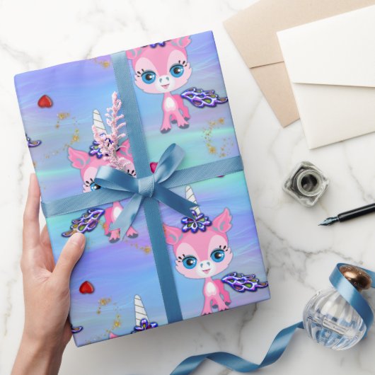 Roze Unicorns en harten Cadeaupapier (Geschenken)