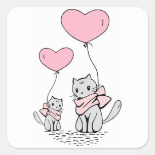 ROZE VALENTIJN HARTBALLONNEN MET GRIJZE KITTENS VIERKANTE STICKER