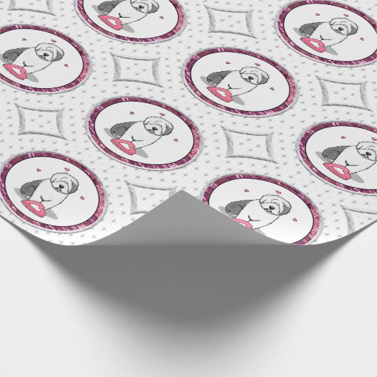 Roze Valentijn Oud Engels Sheepdog Dog Grey 1 Fun Cadeaupapier (Hoek)