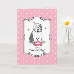 Roze Valentijn Oud Engels Sheepdog Dog Grey 1 Fun Kaart