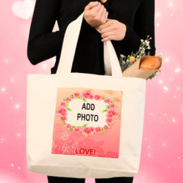 Roze Valentijn Voeg je foto toe Grote Tote Bag