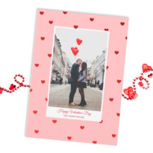 Roze Valentijnsdag fotokaart met rode harten