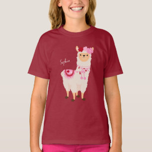  roze Valentijnsdag Llama Little Girl Name T-shirt
