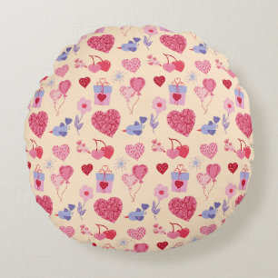 Roze Valentijnsdag-patroon met pictogrammen Rond Kussen
