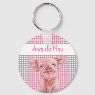 Roze Varken Aquarel Gingham Plaid Monogram Sleutelhanger
