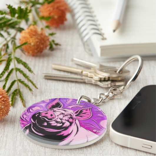 Roze Varken Design Acryl Sleutelhanger Rond Happy  (Voorkant Rechts)