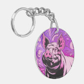 Roze Varken Design Acryl Sleutelhanger Rond Happy  (Voorkant Links)