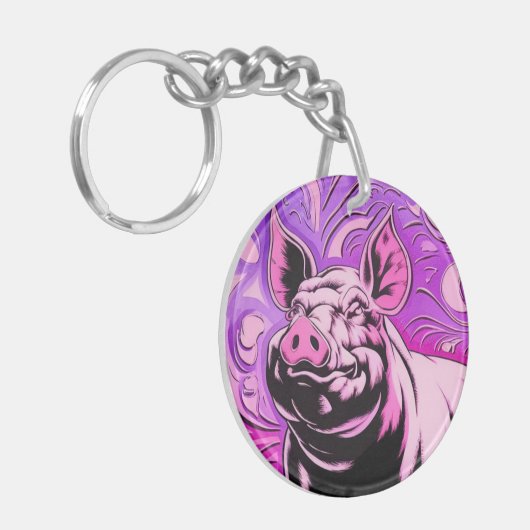 Roze Varken Design Acryl Sleutelhanger Rond Happy  (Voorkant Links)