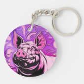 Roze Varken Design Acryl Sleutelhanger Rond Happy  (Achterkant)