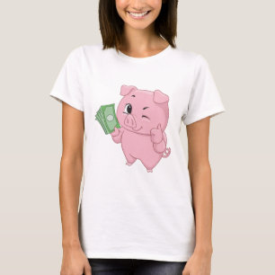Roze varken met contant geld dat duim omhoog geeft t-shirt
