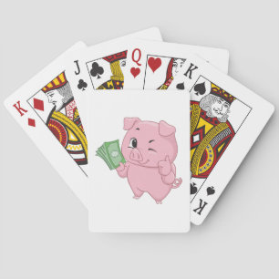 Roze varken met contant geld dat duimen omhoog gee pokerkaarten