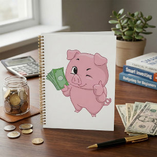 Roze varken met geld dat duim omhoog geeft planner