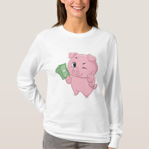 Roze varken met geld dat duim omhoog geeft t-shirt