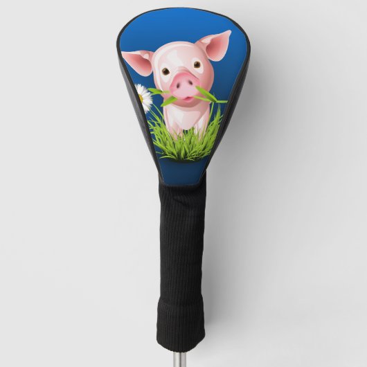 Roze varken met groen gras boven blauw golfheadcover (Voorkant)