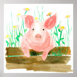 Roze varken op een hek boerderij boerderijdier poster