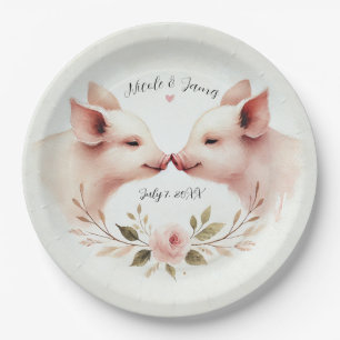 Roze Varkens Neus Aan Neus Bloemrijke Rustieke Bru Papieren Bordje