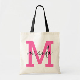 Roze Varsity Letter Monogram Cursief Script Name Tote Bag
