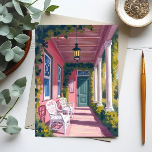 Roze veranda Botanisch dek bloemenschildering in Briefkaart