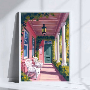 Roze veranda Botanisch dek bloemenschildering in Poster