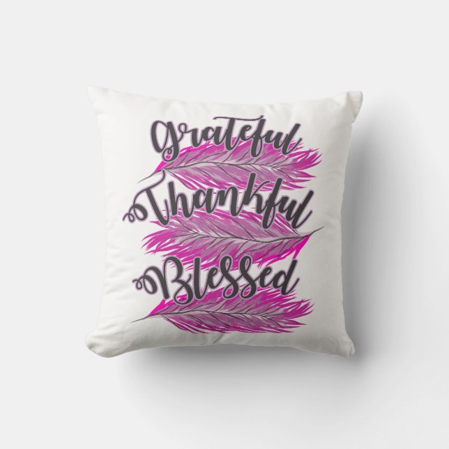 Roze veren dankbaar gezegend kussen (Voorkant)