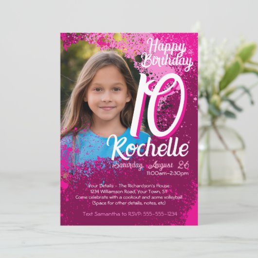 Roze verf Splatter Foto 10e verjaardag Uitnodigen Kaart (Staand voorkant)
