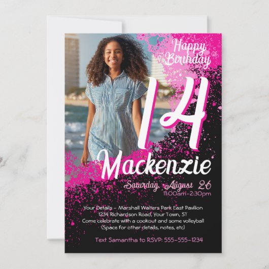 Roze verf Splatter Foto 14e verjaardag uitnodiging (Voorkant)