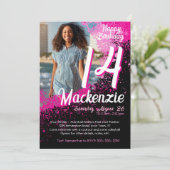 Roze verf Splatter Foto 14e verjaardag uitnodiging (Staand voorkant)