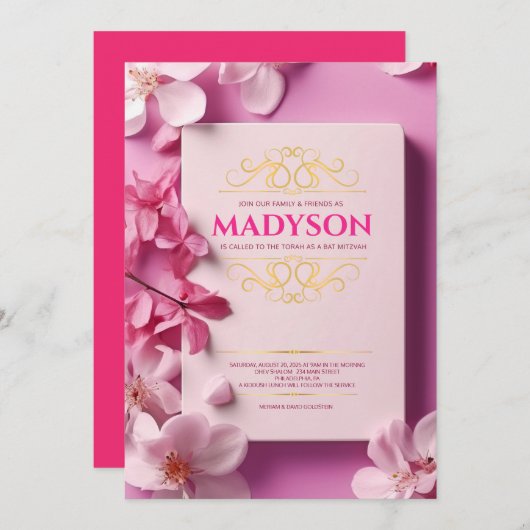 Roze Verhaal Boek Hoesje Bat Mitzvah Party Kaart (Voorkant / Achterkant)