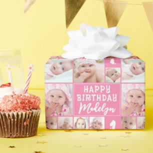 Roze Verjaardag 8 Foto Collage Naam Leeftijd Cadeaupapier